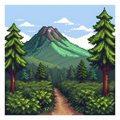 2D forest background with parallax layers, trees, bushes and a distant mountain sticker