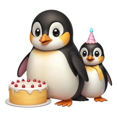A penguin standing near a cake, feeling shy from a surprise celebration, portrait, bust up sticker