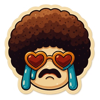 White circle face, afro, heart glasses, Crying with large tears, sobbing, lip quiver sticker