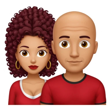 A picture of a sexy tanned couple. the guy is Mexican, with a bald hair cut and a red shirt. the girl is mixed, she has curly longer dark brown hair, and with big boobs and wearing black shirt  sticker