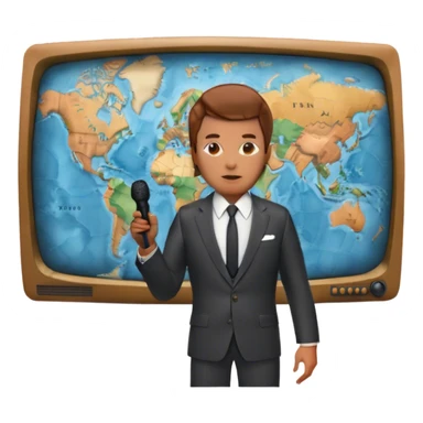 Icon for Documentary Film (TV style): A large vintage TV screen with a serious-looking host standing in front of a map. The host holds a microphone, and the map displays historical or geographical information. Retro TV broadcast style. Transparent background. sticker