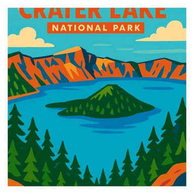 Crater Lake National Park, vibrant cartoon style, bright blue water, green pine trees, dramatic cliffs, Wizard Island in the center sticker