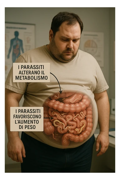 cinematic photo an overweight man is shown with a semi-transparent abdomen, highlighting the intestines filled with various types of parasites (such as worms or protozoa). Educational callouts explain how these parasites can disrupt metabolism and contribute to weight gain. The setting is a medical office, with charts and diagrams in the background. in italiano sticker