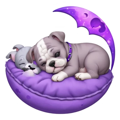 purple moon with a sleeping grey bull dog puppy with a purple collar sticker