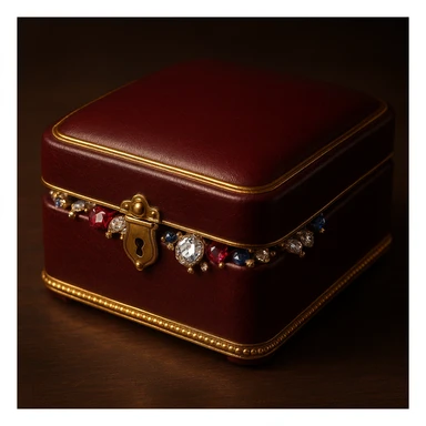 a closed dark red jewelry box with gold trim, sparkling jewels peeking out sticker