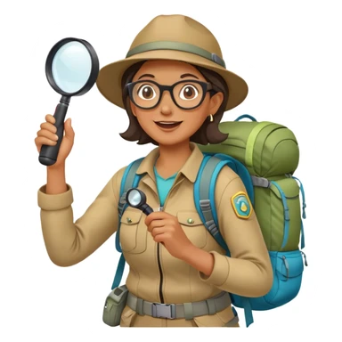 Middle-aged woman explorer with glasses in bright hiking gear and backpack, excitedly holding magnifying glass sticker