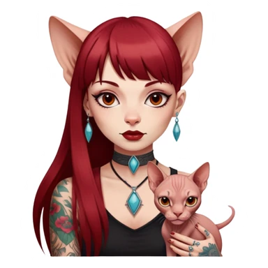 girl with long dark red straight bangs hair and tattoos and a Sphynx sticker