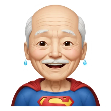 Chinese elderly dressed as Superman laughing exeedingly with closed eyes and tear drops sticker