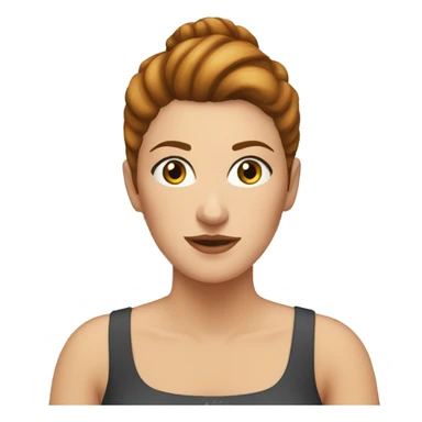 White woman with European features, sitting at a computer. She has reddish-brown hair styled in a high bun and a few freckles on her face sticker