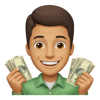 a cheerful guy with dollar bills and a big smile, showing off $5000 sticker