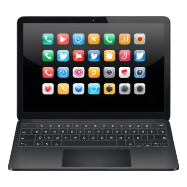 A simple black laptop displaying app icons in grid, no key labels sticker