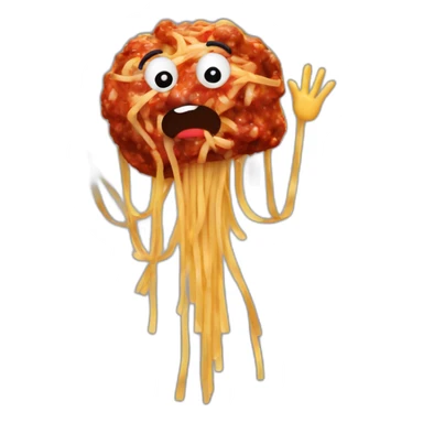 Spaghetti and meatballs with a face, arms and legs, doing something random sticker