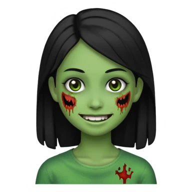 smiling half-zombie girl emoji, straight black hair, green skin, no text sticker