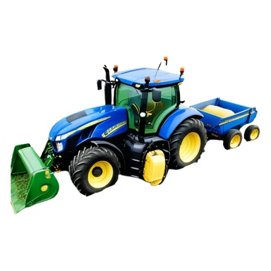 Baler – New Holland Roll-Belt 560 (2018) – Cinematic-realistic John Deere 6155M tractor towing a New Holland Roll-Belt 560 baler, its deep green body contrasting with the bright blue baler. The massive machine moves steadily through golden fields, compressing freshly cut hay into tight round bales, while dust swirls under the blazing afternoon sun. sticker