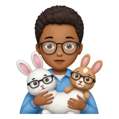 black boy kid with glasses → holding a toy rabbit sticker