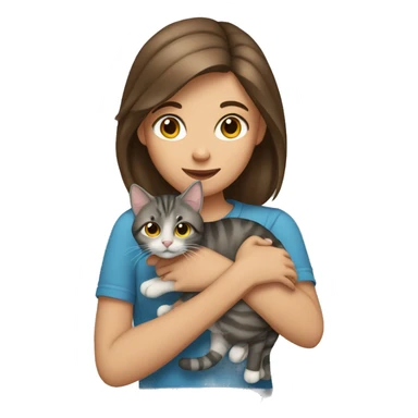 girl with brown hair holding grey tabby cat sticker