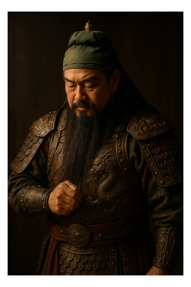 Guang Gong (Guan Yu) nodding, dignified, wearing traditional Chinese armor, long beard, respectful gesture, clear expression, detailed, cinematic lighting sticker