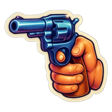 male hand holding a revolver, retro stickers style, clear black outlines, expressive shadows and highlights, no gradients, only sharp color transitions, close-up of the revolver sticker