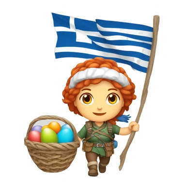 Greek Female winter mountaineer red hair white skin climbing with Greek Flag and Easter eggs basket sticker