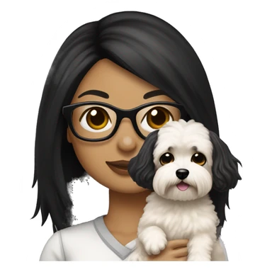Tan skinned woman with black straight hair and black glasses holding white MaltiPoo dog sticker
