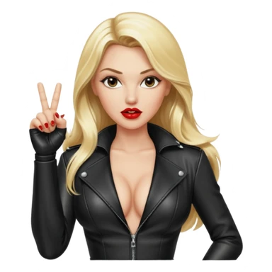 a hott good looking blonde with large breasts, red lips, and long blonde hair with leather sexy outfit and leather high heel boots and she is saying fuck you by giving the universal sign with her middle finger sticker