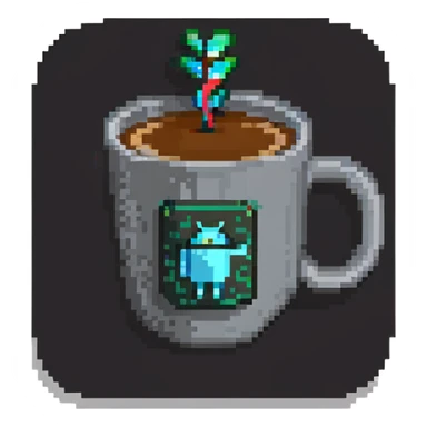 Coffee cup with code symbols, programming logo sticker