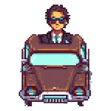 mafia guy wearing sunglasses, leaning against a vintage car, pixel art style sticker