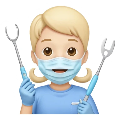 Cute tooth character wearing a face mask, holding dental tools, friendly and clean emoji style, flat illustration, simple design, white background. Diente animado no person sticker
