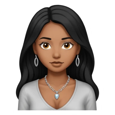 Brown skin girl with long black hair with 4 edges 2 on each side wearing a v-cut neckline shirt with a silver necklace sticker