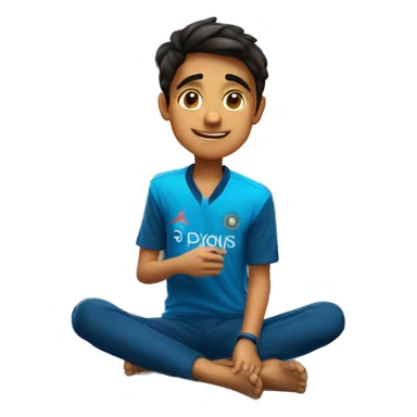 a teenage boy sitting in his room and watching Indian cricket match on tv. the boy is wearing an Indian jersey - with Prince 45 name shivraj with on it Pplyto al sticker
