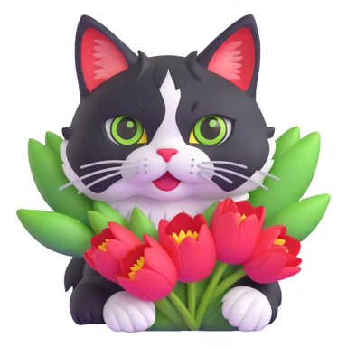 tricolor fluffy cat with big green eyes holding red tulips in her arms sticker