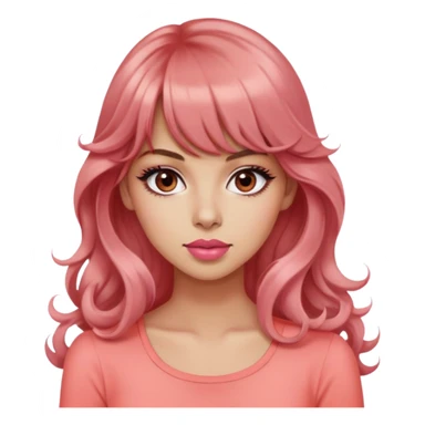 cute woman, diva, popular girl, rolling eyes, light tan skin, black eyes, very long wavy auburn hair, bangs, pink top, coral lipstick sticker