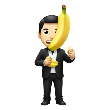 An Asian man in a black suit and black shirt with a banana in his hand is eating it sticker