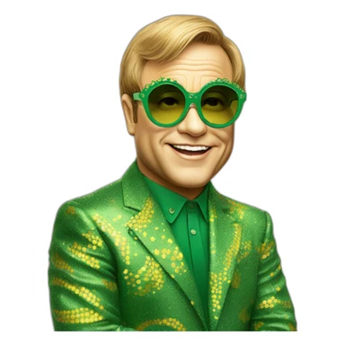 elton john wearing green and yellow patterned oversized sunglasses with scalloped edges for mardi gras sticker