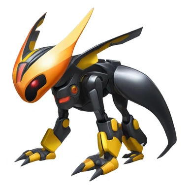 a shiny metallic black-orange-yellow Genesect-Flygon-Raptor-Fakémon-Medabot-hybrid with a futuristic visor-helmet full body sticker