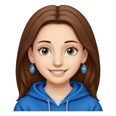 teen girl, white skin, long brown hair middle parted, brown eyes, blue hoodie eyelashes and earrings sticker
