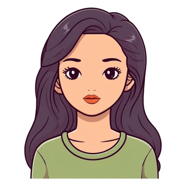 european girl with long black hair, long eyelashes, terracotta lips, light green top sticker