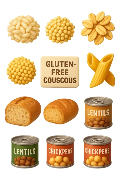 emoji stile iphone 3d di questi elementi che fluttuano in aria:

Riso, quinoa, avena, miglio, couscous senza glutine
Pasta e pane gluten-free
Farro a lievitazione lunga
Lenticchie e ceci in scatola

 che fluttuano in aria, iperealistico 4k sticker