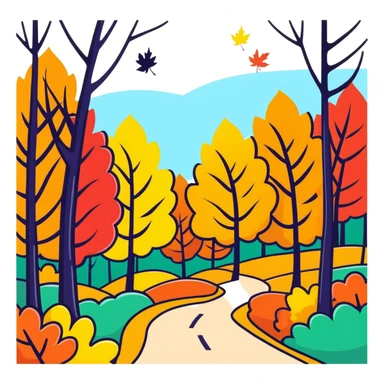 autumn forest with vibrant, multicolored leaves, trees, and a path sticker
