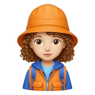 A little girl student curly brown hair, with beige bucket hat, orange jacket, blue backpack sticker