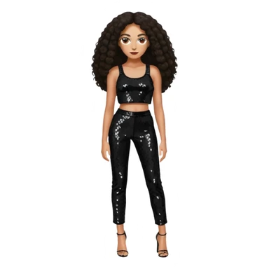 Solange with long dark brown hair, black sequin crop top, black sequin pants sticker