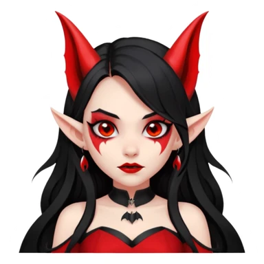 demon girl, skin red , black long hair, small horns, pointed ears, bat wing, black open-back dress, bold black outlines, red+black palette sticker
