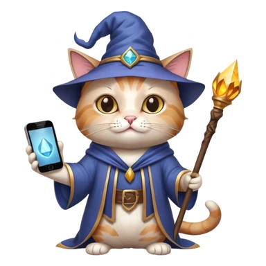 cat wizard holding an iphone and a staff. he is wise looking  sticker