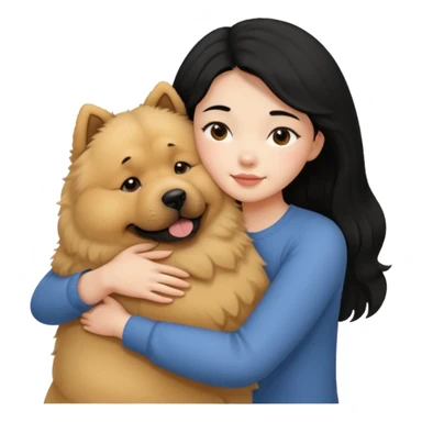 A girl with black hair hugging a beige fluffy chow chow dog sticker