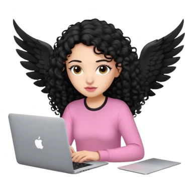 a girl typing mac book air with long black curly hair and brown eyes with winged black eyeliner, pink shirt sticker