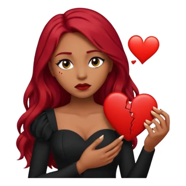  woman with long red hair and dark make up and olive skin holding a broken heart in black dress sticker