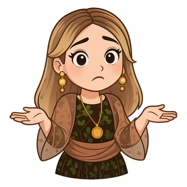 Kurdish cartoon sticker of the same woman in the new dress, shrugging shoulders with palms up, confused or 'I don't know' expression, no text, transparent background, chibi stickers style. sticker
