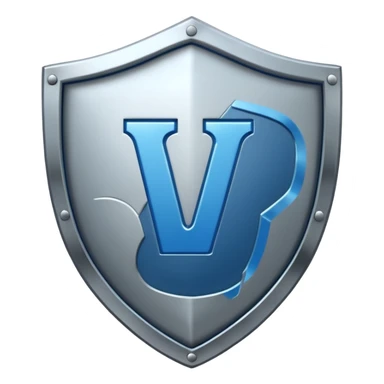 a metallic shield with a blue letter "i" sticker