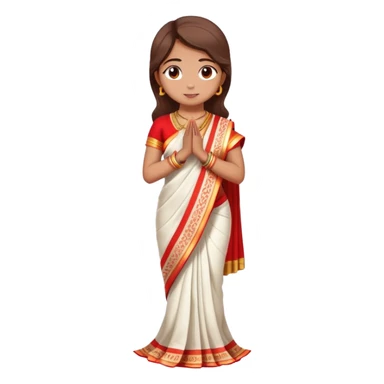 Full body Bengali girl wearing traditional red and white saree with hands joined in prayer position sticker