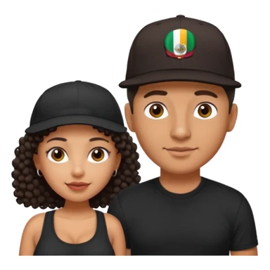 A picture of a cute tanned couple. the man is Mexican, with a bald hair cut wearing a SnapBack hat and a black shirt. the woman is mixed, she has curly longer dark brown hair,  no hat, and with big boobs  sticker